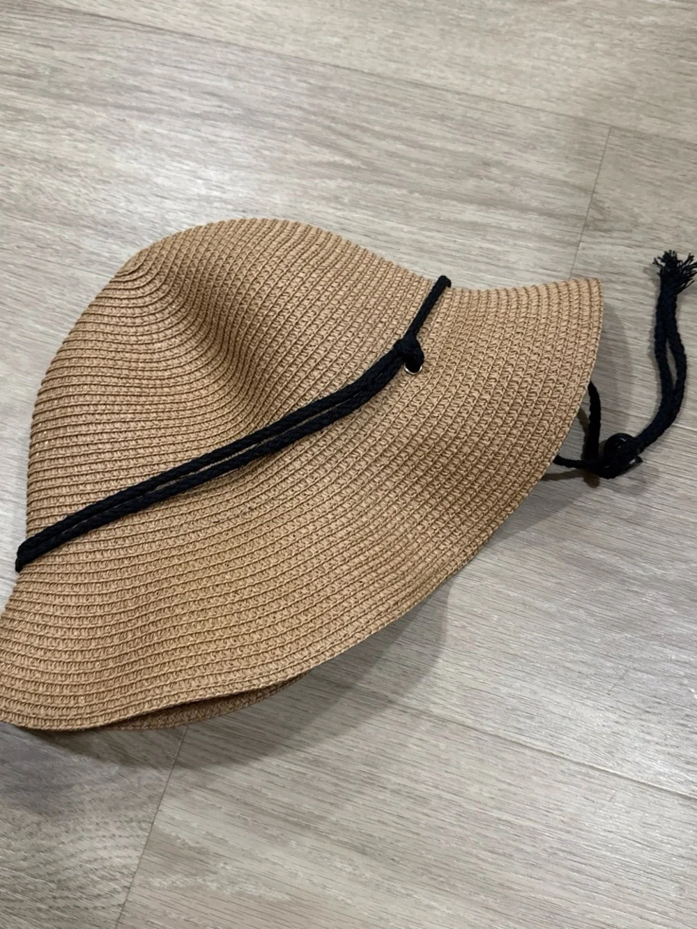 Tan Straw Sun Hat with Black Chin Cord